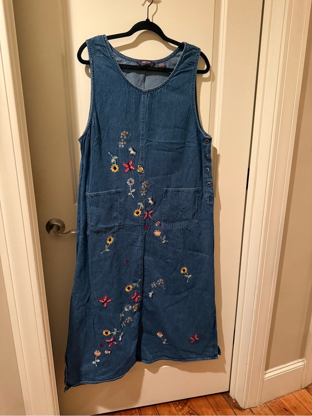 Denim Jumper Dress Agapo Embroidered Floral Overall Cotton Maxi Dress L vtg